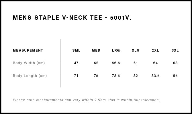 AS Colour Staple V Neck Tee 5001V size guide