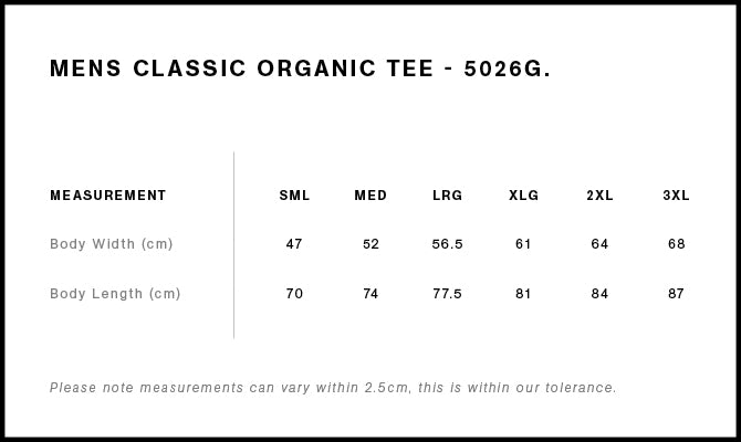 AS Colour Classic Organic Tee 5026G size guide