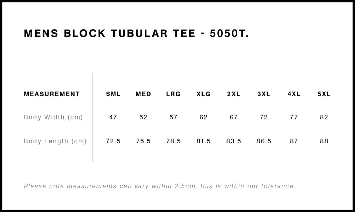 AS Colour Block Tubular Tee 5050T size guide