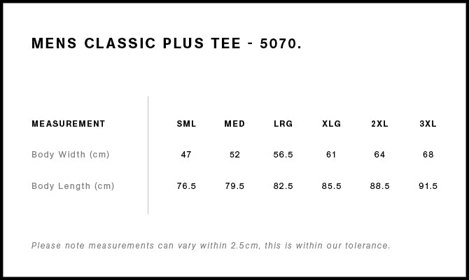AS Colour Classic Plus Tee 5070 size guide