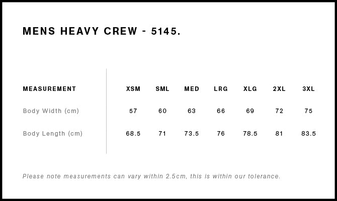 AS Colour Heavy Crew 5145 size guide