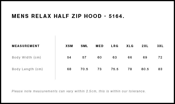 AS Colour Relax Half Zip Hood 5164 size guide