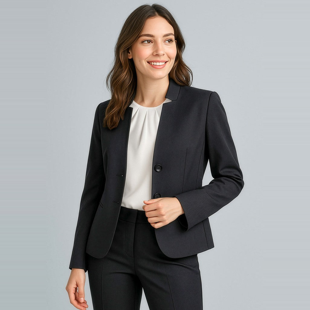 Biz Corporates Cool Stretch Womens Short Jacket with Reverse Lapel 60113 in Black, worn by model