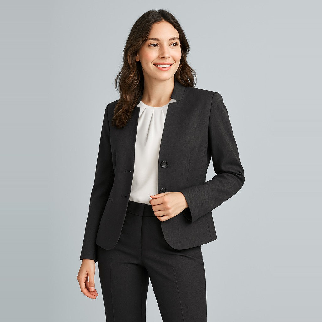 Biz Corporates Cool Stretch Womens Short Jacket with Reverse Lapel 60113, worn by model