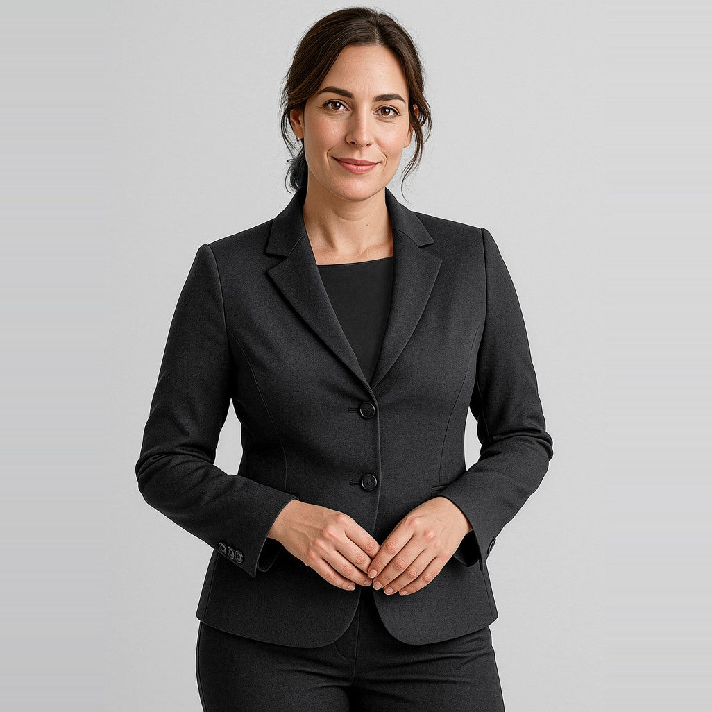 Biz Corporates Comfort Wool Stretch Womens 2 Button Mid Length Jacket 64019 in Black, worn by model