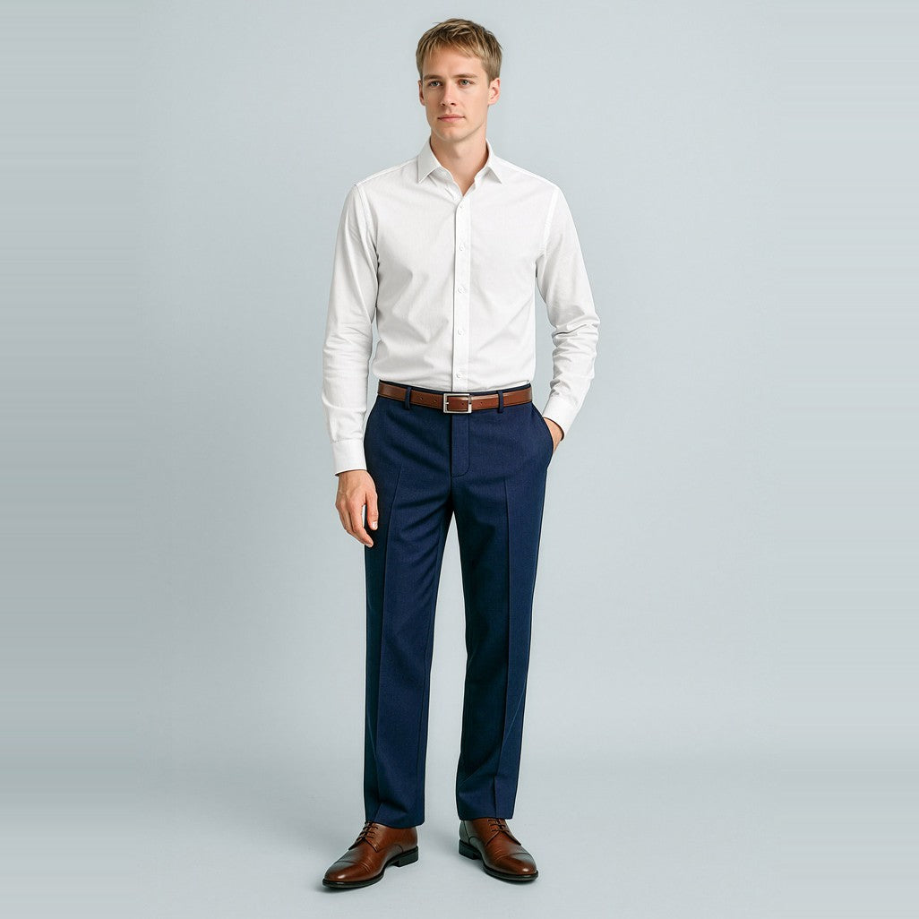 Biz Corporates Cool Stretch Mens Flat Front Pant (Regular) 70112R in Navy, worn by model