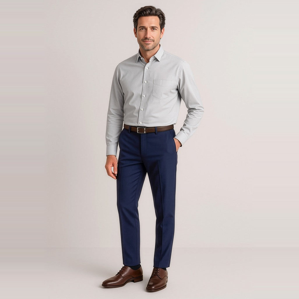 Biz Corporates Siena Mens Slim Fit Flat Front Pant (Regular) 70716R in Marine, worn by model