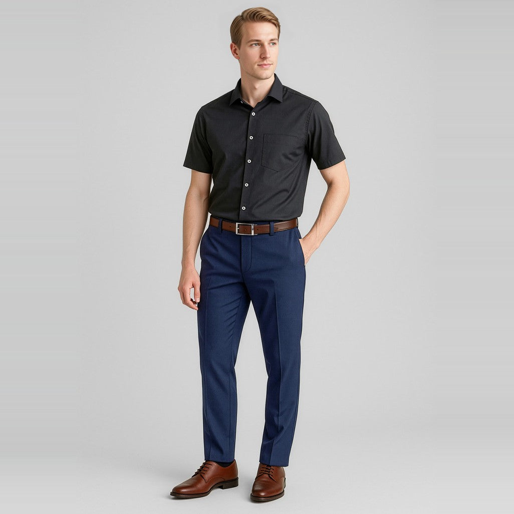 Biz Corporates Comfort Wool Stretch Mens Slimline Pant 74013 in Navy, worn by model