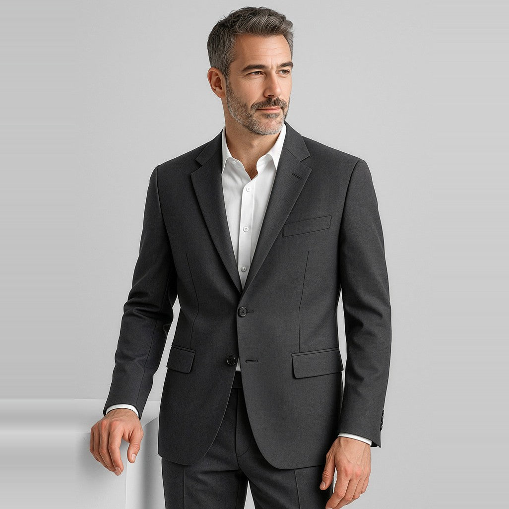 Biz Corporates Comfort Wool Stretch Mens 2 Button Classic Jacket 84011 in Charcoal, worn by model