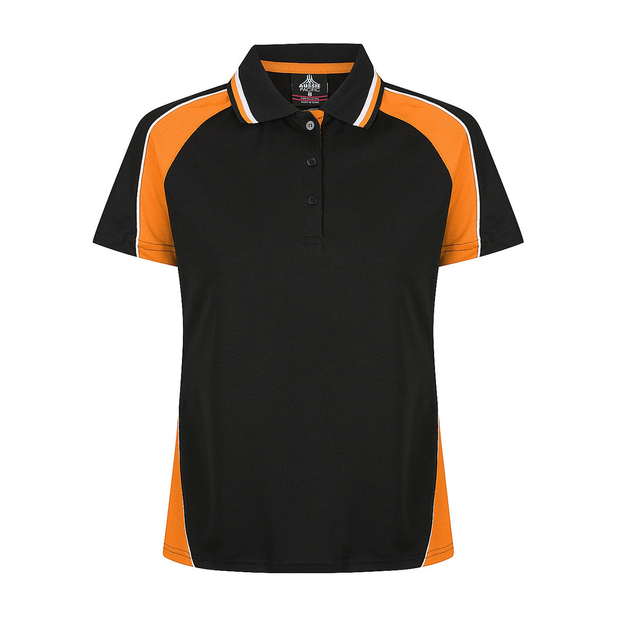 Aussie Pacific Panorama Womens Polo 2309 in Black/Electric Orange/White