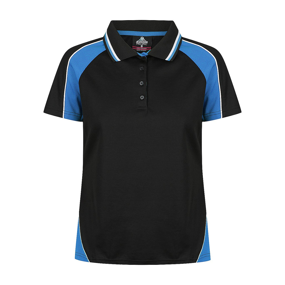 Aussie Pacific Panorama Womens Polo 2309 in Black/Electric Royal/White, back view