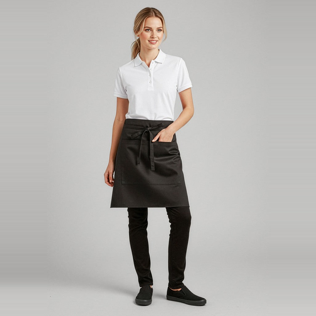 Biz Short Waisted Apron BA94 in Black, worn by model
