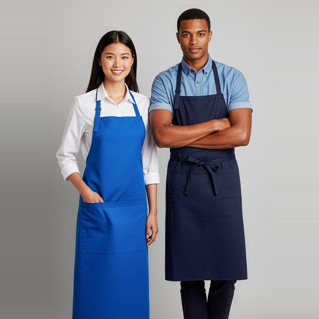 Biz Bib Apron BA95 in Royal, worn by model
