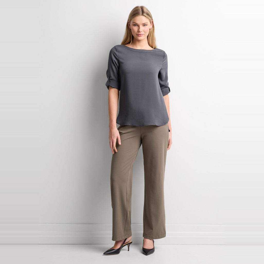 Biz Soft Stretch Womens Pant BB2606L in Taupe, worn by model