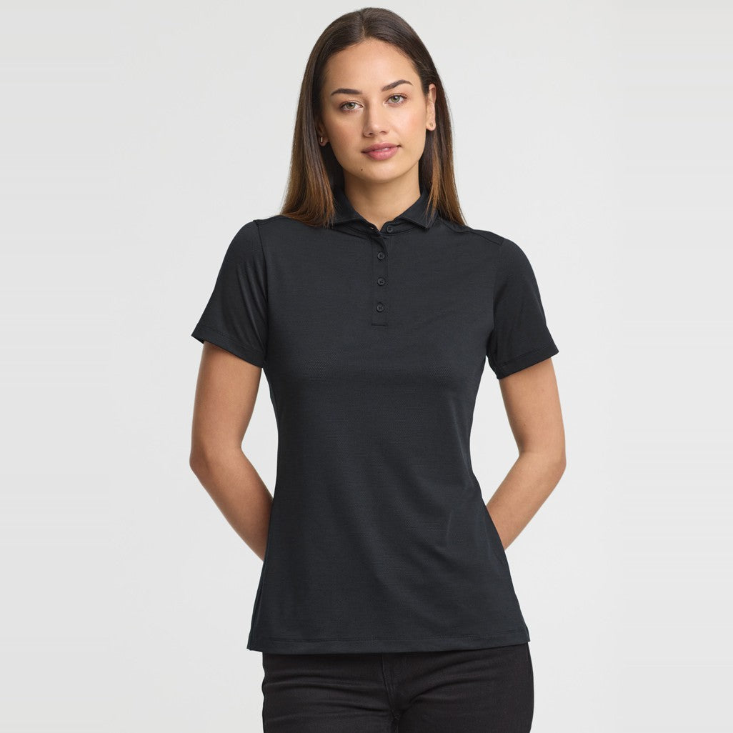 Biz Phoenix Womens Short Sleeve Polo BP2610LS in Black, worn by model, view 2