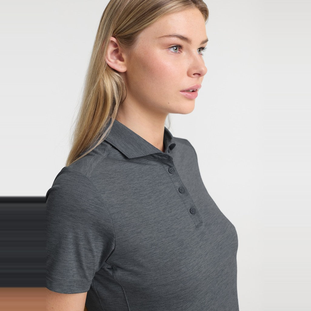 Biz Phoenix Womens Short Sleeve Polo BP2610LS in Charcoal Marle, worn by model, view 2