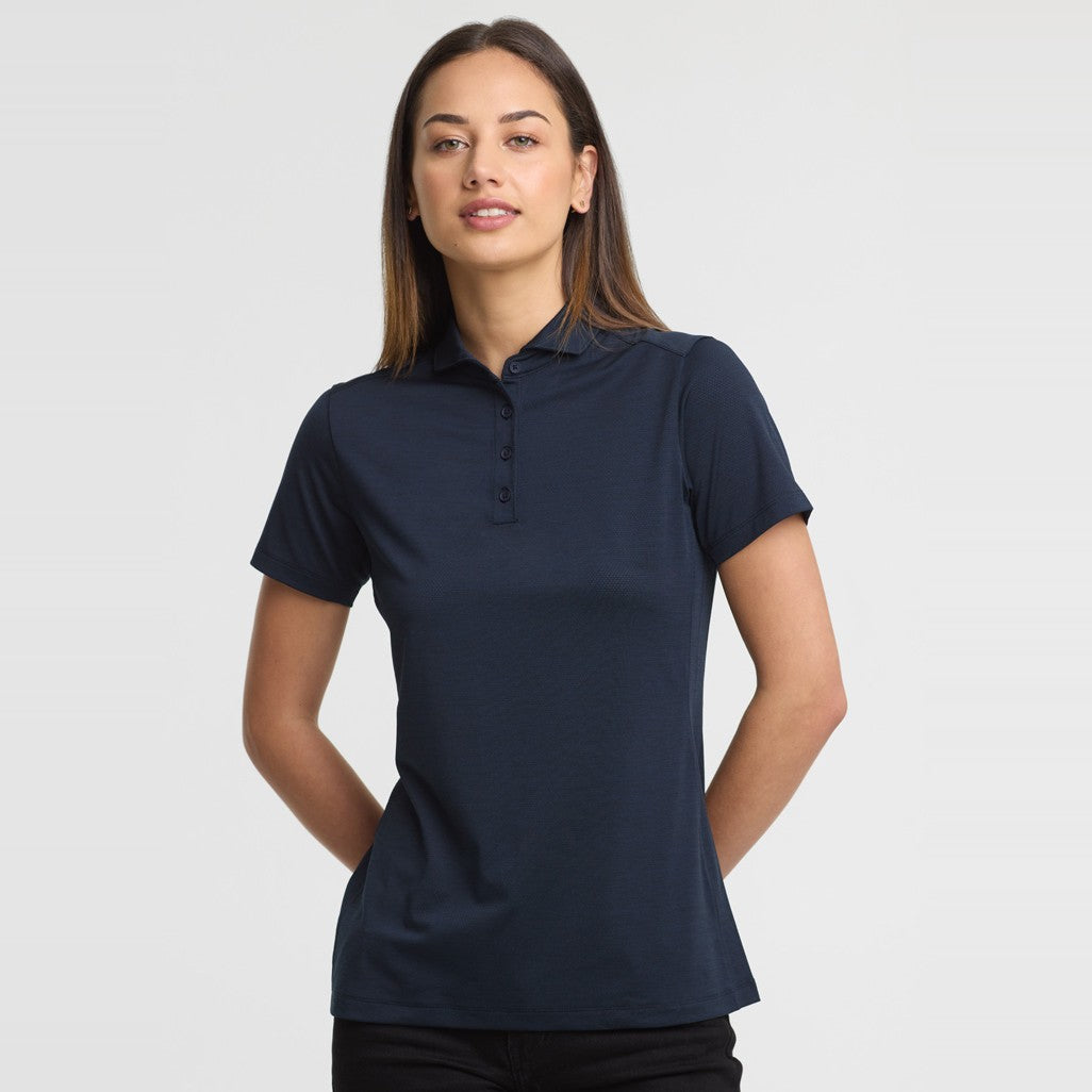 Biz Phoenix Womens Short Sleeve Polo BP2610LS in Navy, worn by model