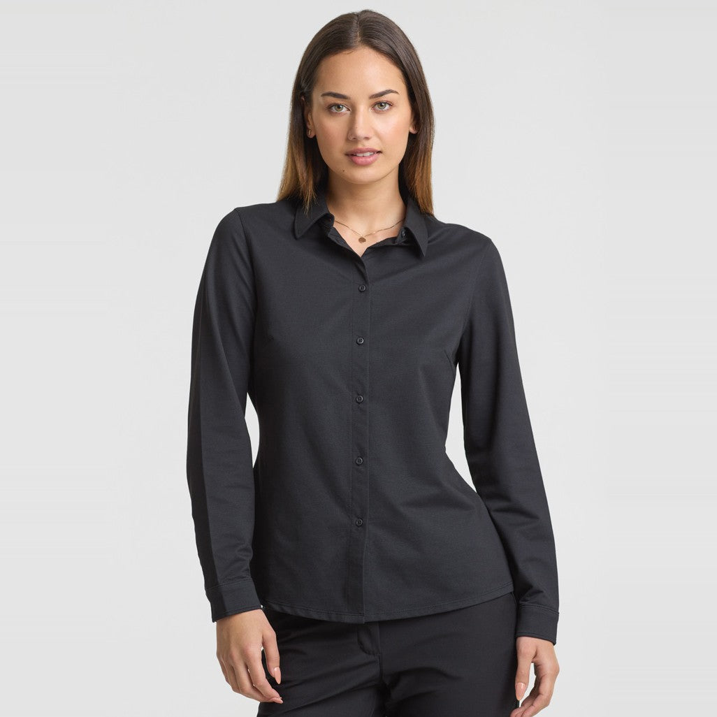 Biz Venture Womens Long Sleeve Shirt BS2619LL in Black, worn by model