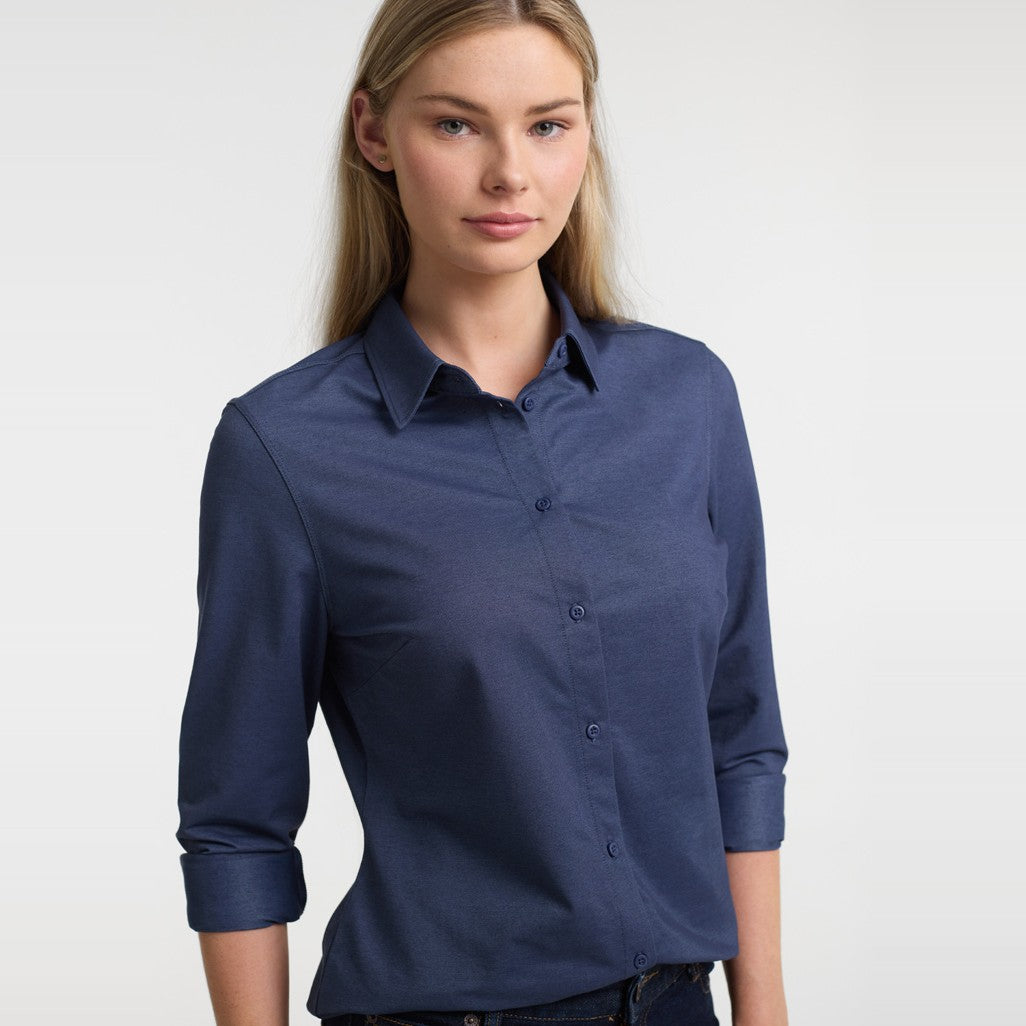 Biz Venture Womens Long Sleeve Shirt BS2619LL in Denim Blue, worn by model, view 2