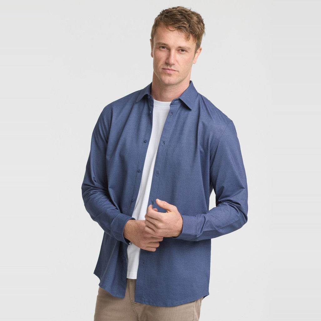 Biz Venture Mens Long Sleeve Shirt BS2619ML in Denim Blue, worn by model, view 3
