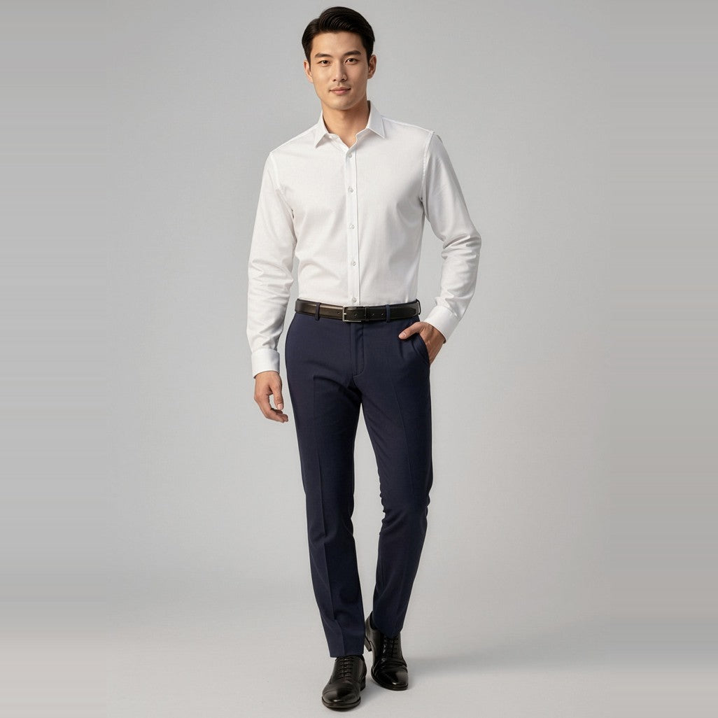 Biz Classic Mens Slim Pant BS720M, worn by model