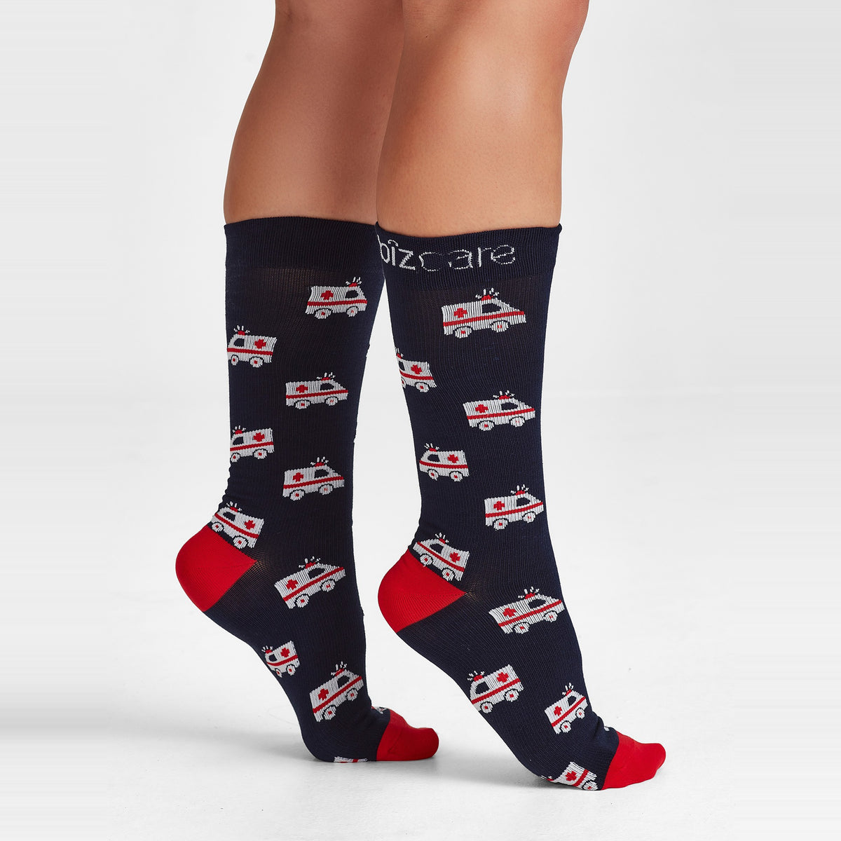 Inaura Happy Unisex Feet Comfort Socks CCS149U in Navy/Red, worn by model