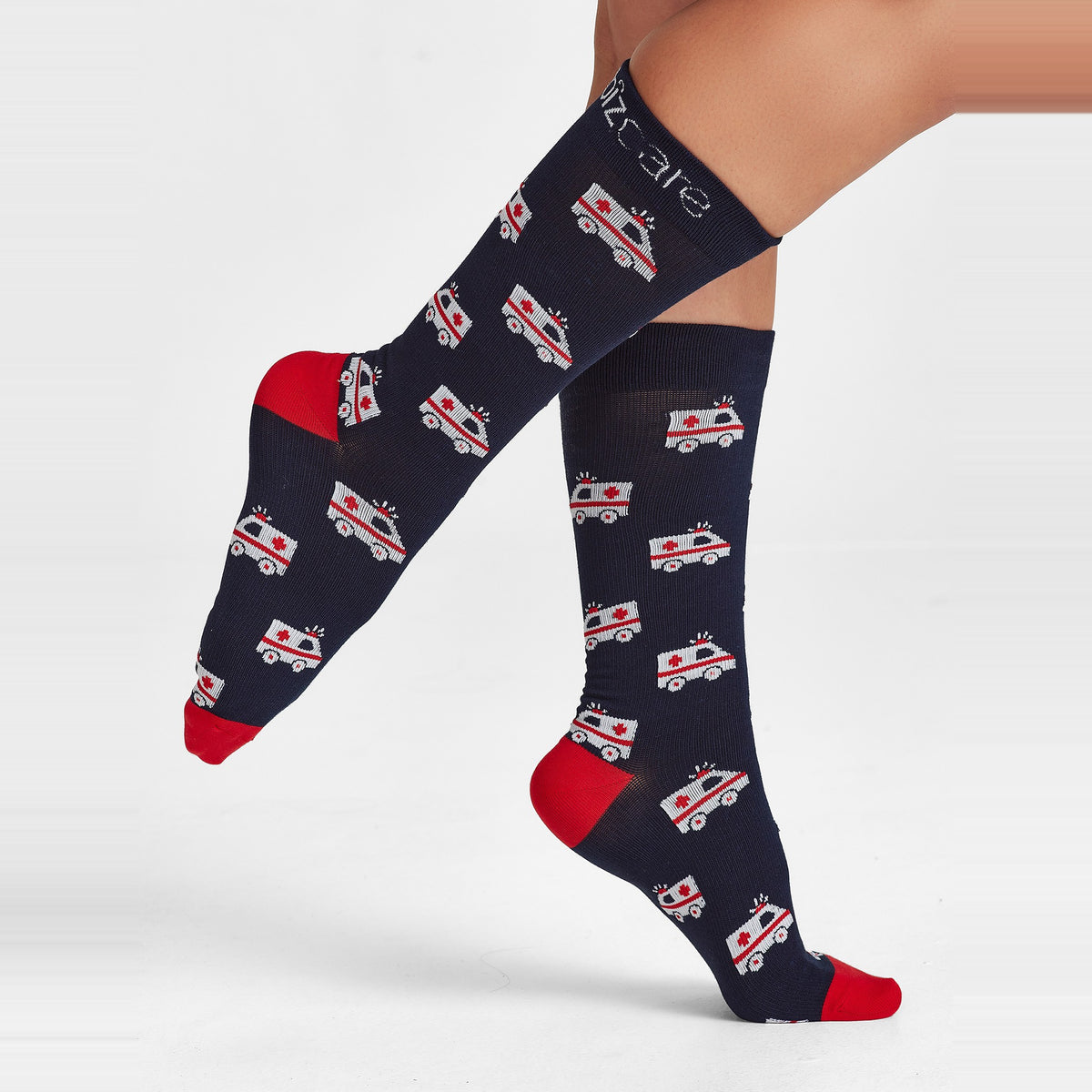 Inaura Happy Unisex Feet Comfort Socks CCS149U in Navy/Red, worn by model, view 2