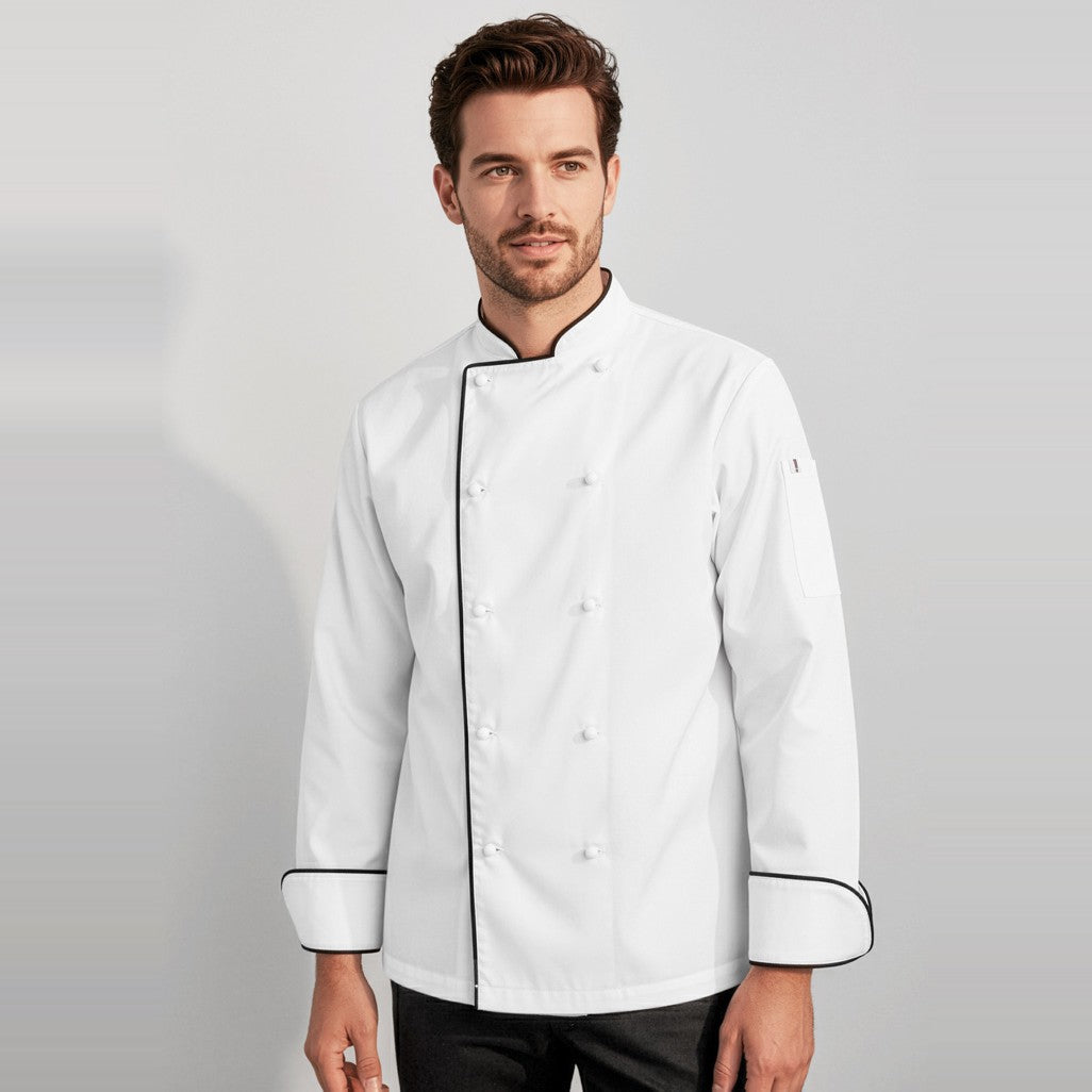Biz Al Dente Mens Long Sleeve Chef Jacket CH230ML in White/Black, worn by model