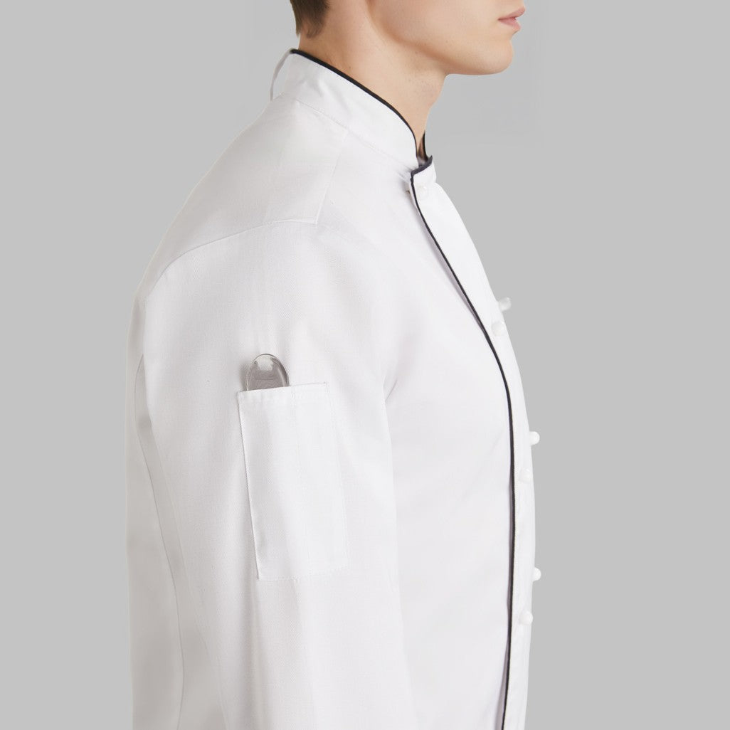 Biz Al Dente Mens Long Sleeve Chef Jacket CH230ML in White/Black, worn by model, view 2