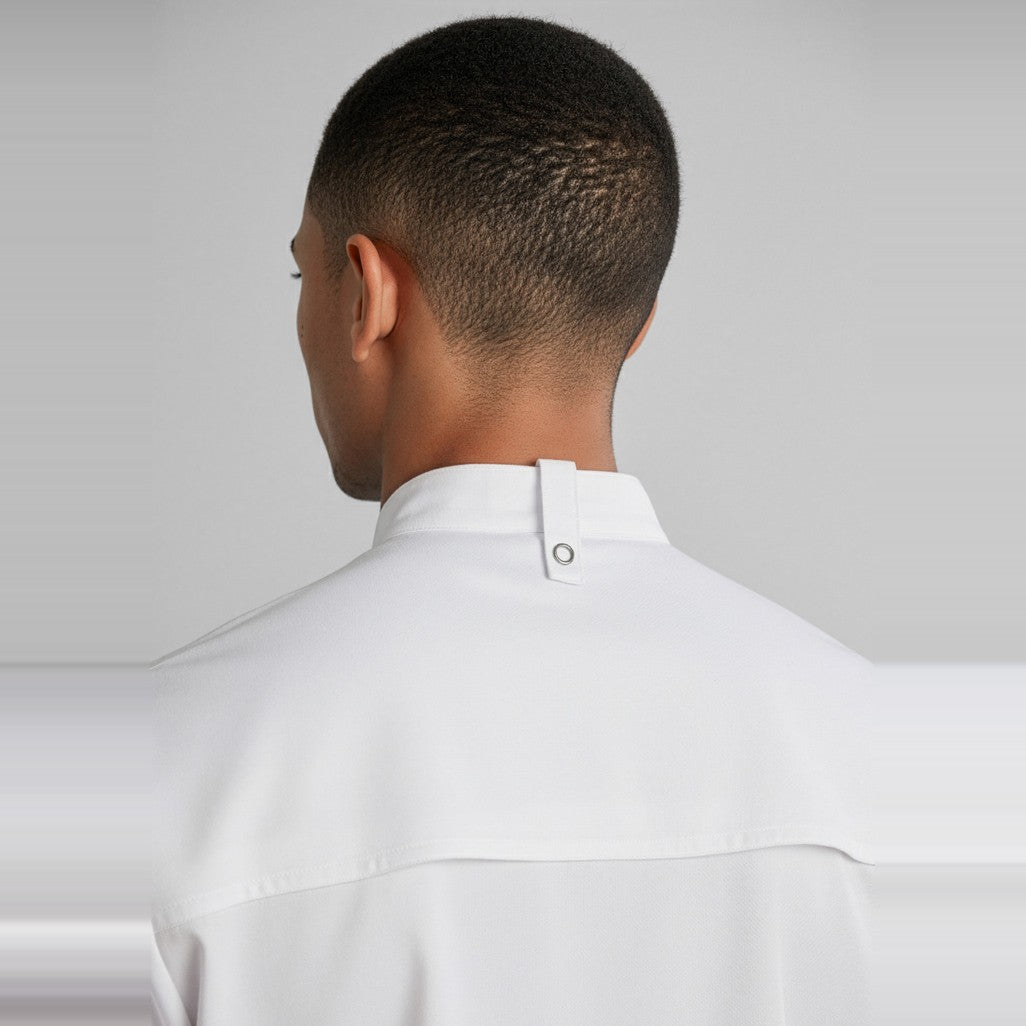 Biz Zest Mens Short Sleeve Chef Jacket CH232MS in White, worn by model
