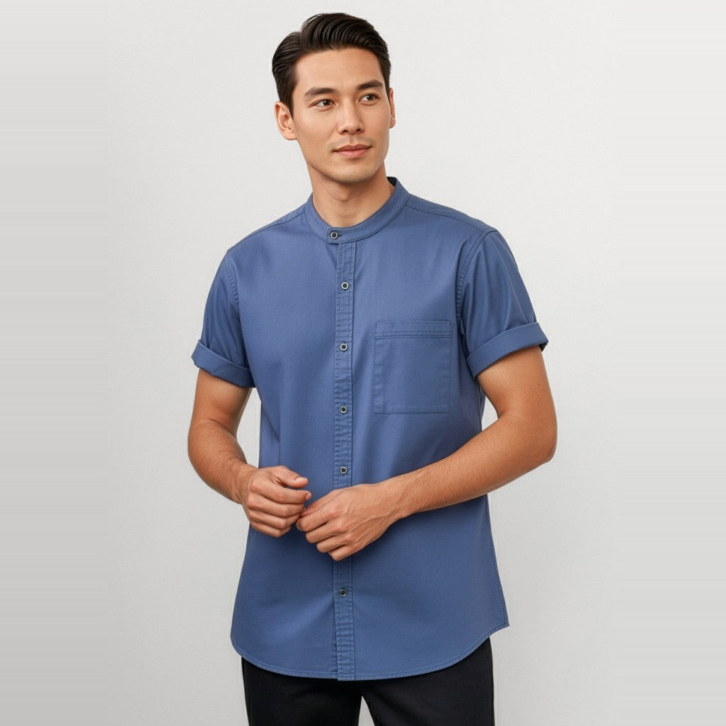 Biz Salsa Mens Short Sleeve Chef Shirt CH329MS in Grey Smoke, worn by model
