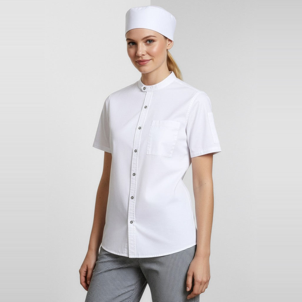 Biz Salsa Mens Short Sleeve Chef Shirt CH329MS in White, worn by model