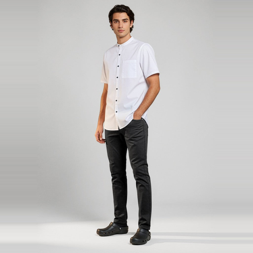 Biz Salsa Mens Short Sleeve Chef Shirt CH329MS in White, worn by model, view 2