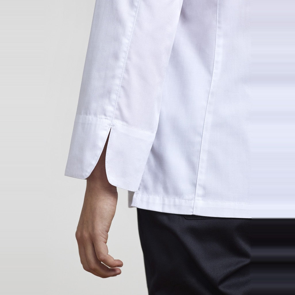 Biz Alfresco Womens Long Sleeve Chef Jacket CH330LL in White, worn by model