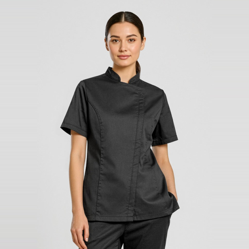 Biz Alfresco Womens Short Sleeve Chef Jacket CH330LS, worn by model