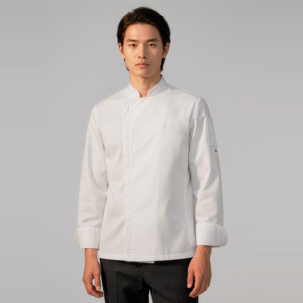 Biz Alfresco Mens Long Sleeve Chef Jacket CH330ML in White, worn by model