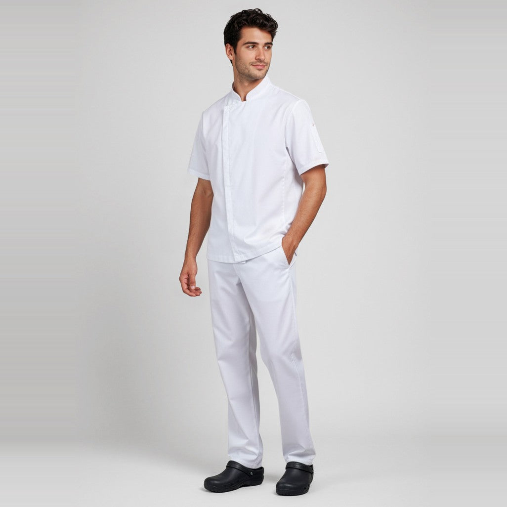 Biz Alfresco Mens Short Sleeve Chef Jacket CH330MS in White, worn by model
