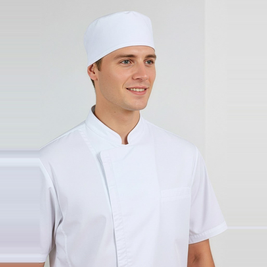 Biz Alfresco Mens Short Sleeve Chef Jacket CH330MS in White, worn by model, view 2
