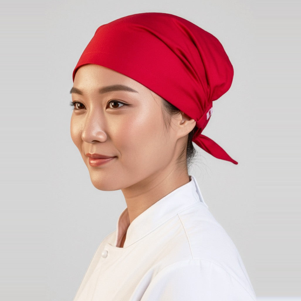 Biz Twist Chef Bandana CH331 in Red, worn by model