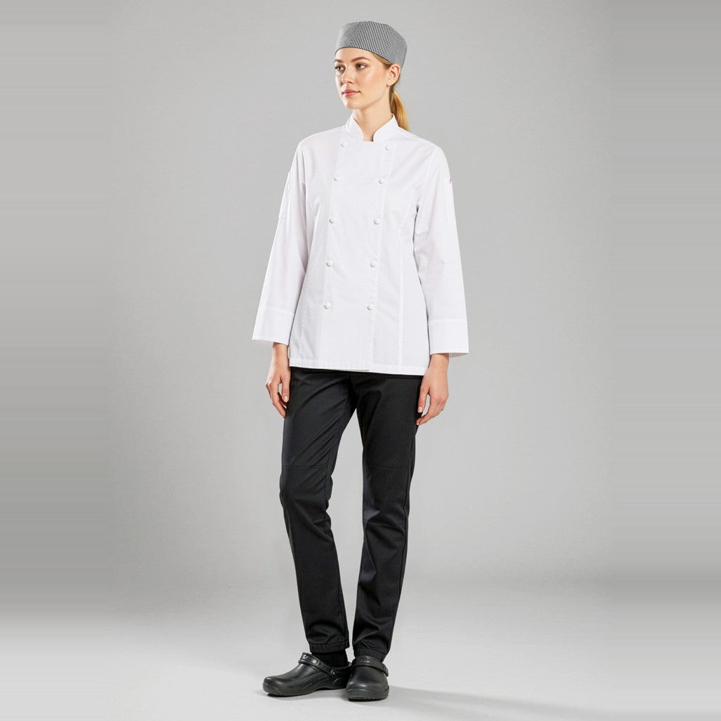 Biz Gusto Womens Long Sleeve Chef Jacket CH430LL in White, worn by model, view 2