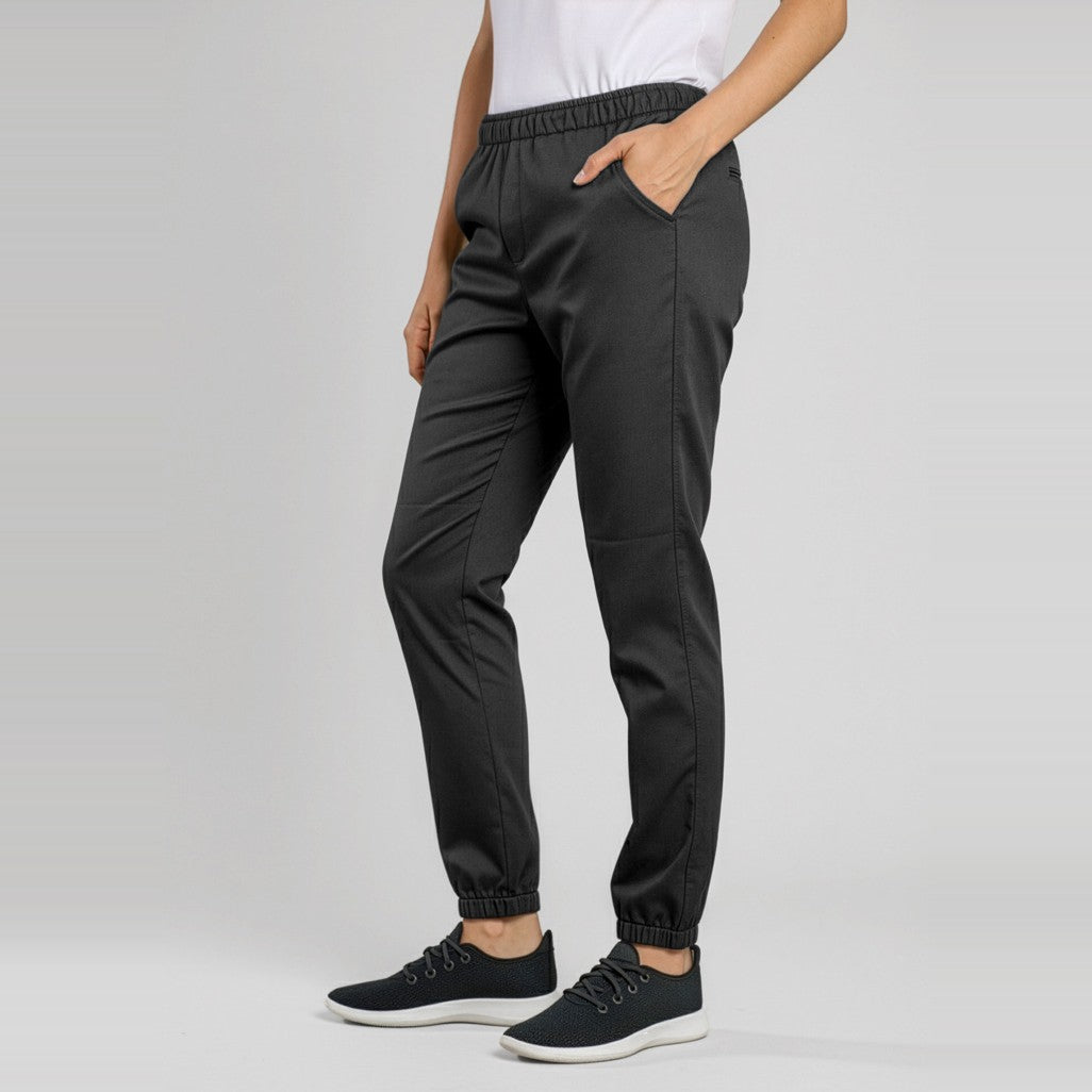 Biz Cajun Womens Chef Jogger Pant CH433L in Black, worn by model