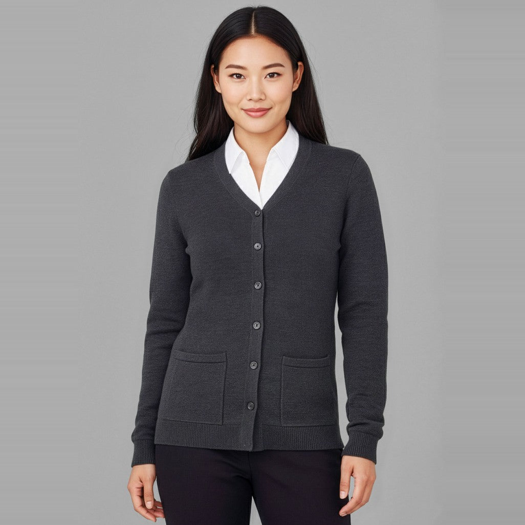 Biz Button Front Womens Knit Cardigan CK045LC in Charcoal, worn by model