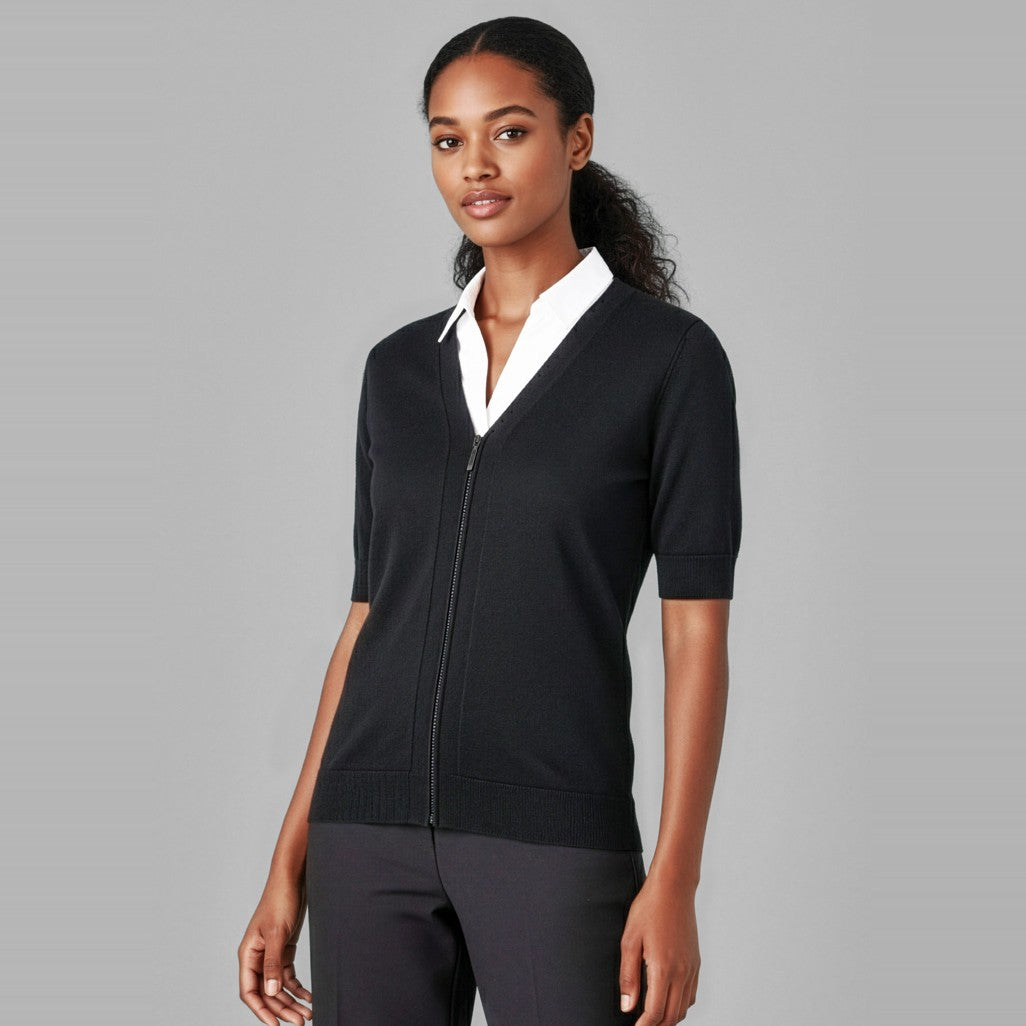 Biz Zip Front Womens Short Sleeve Knit Cardigan CK962LC, worn by model