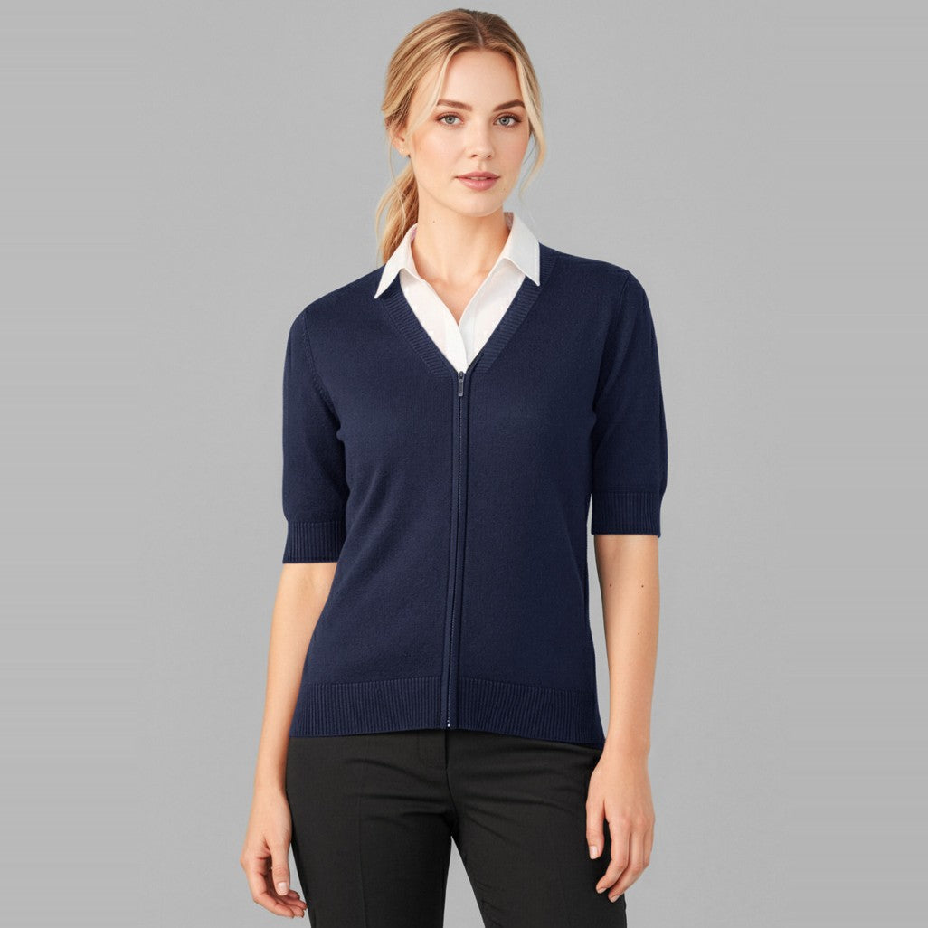 Biz Zip Front Womens Short Sleeve Knit Cardigan CK962LC in Navy, worn by model