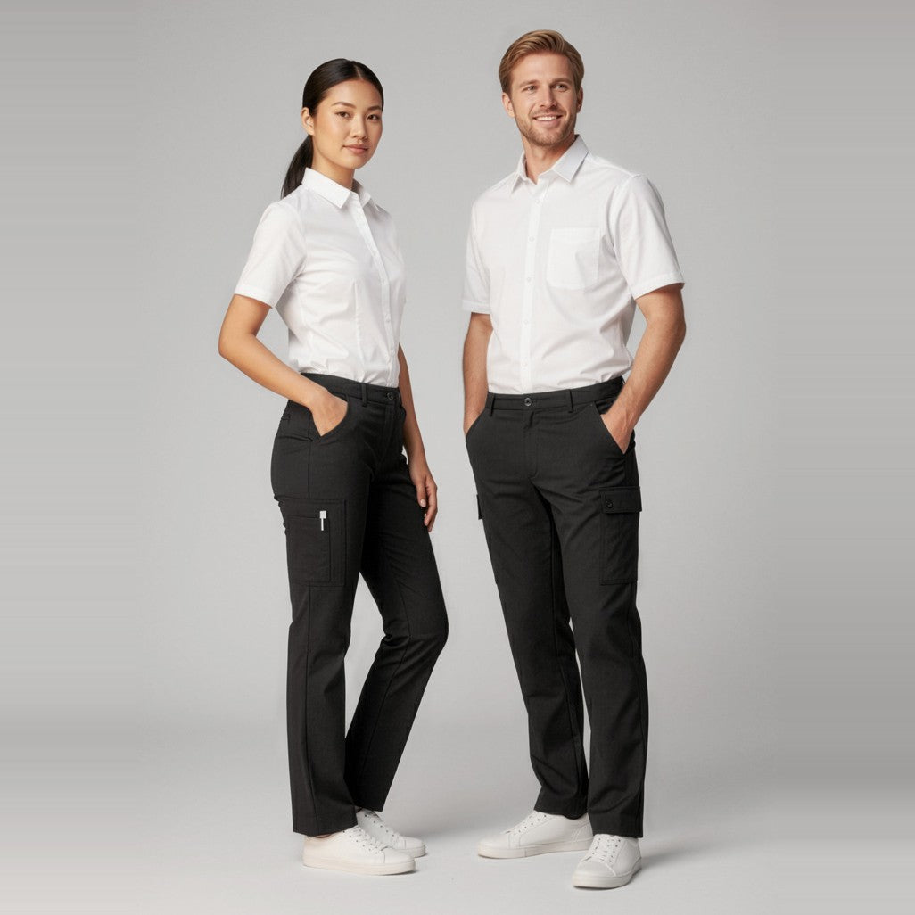 Biz Comfort Waist Womens Cargo Pant CL954LL in Black, worn by model, view 2