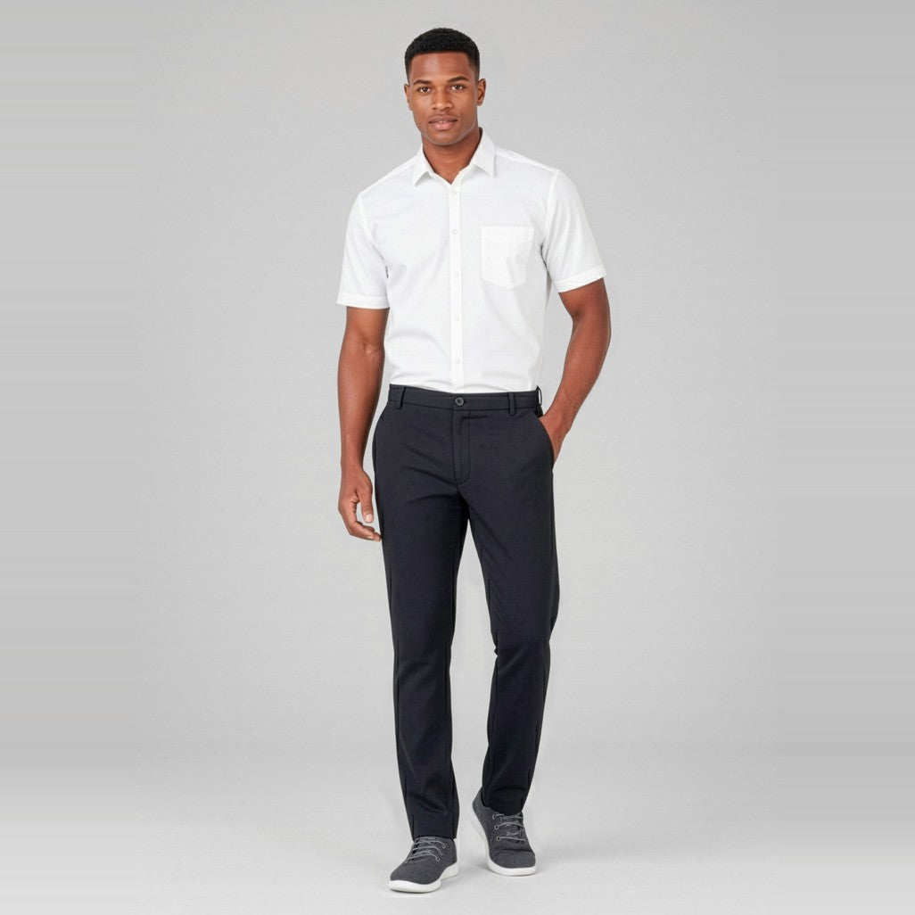Biz Comfort Waist Mens Flat Front Pant CL958ML, worn by model