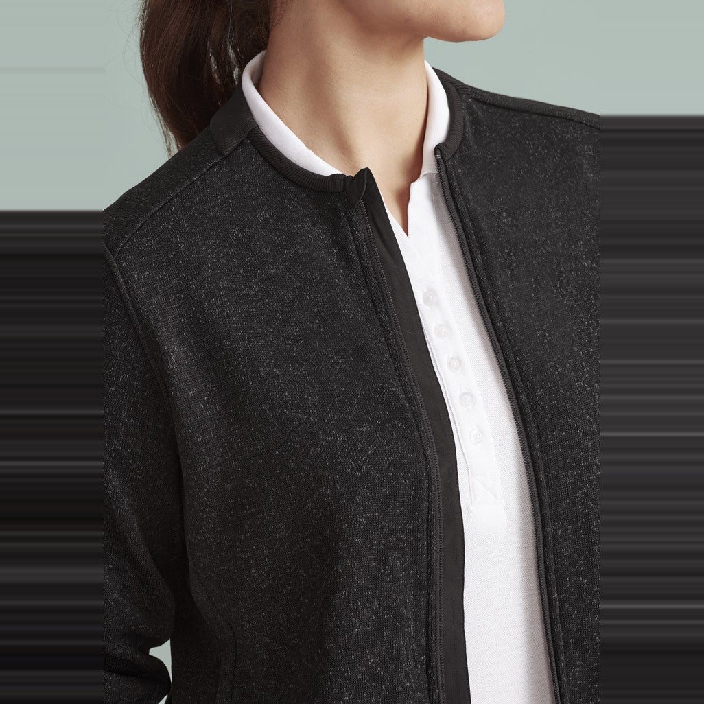 Biz Nova Womens Zip Front Jumper CO342LJ in Black Marle, worn by model