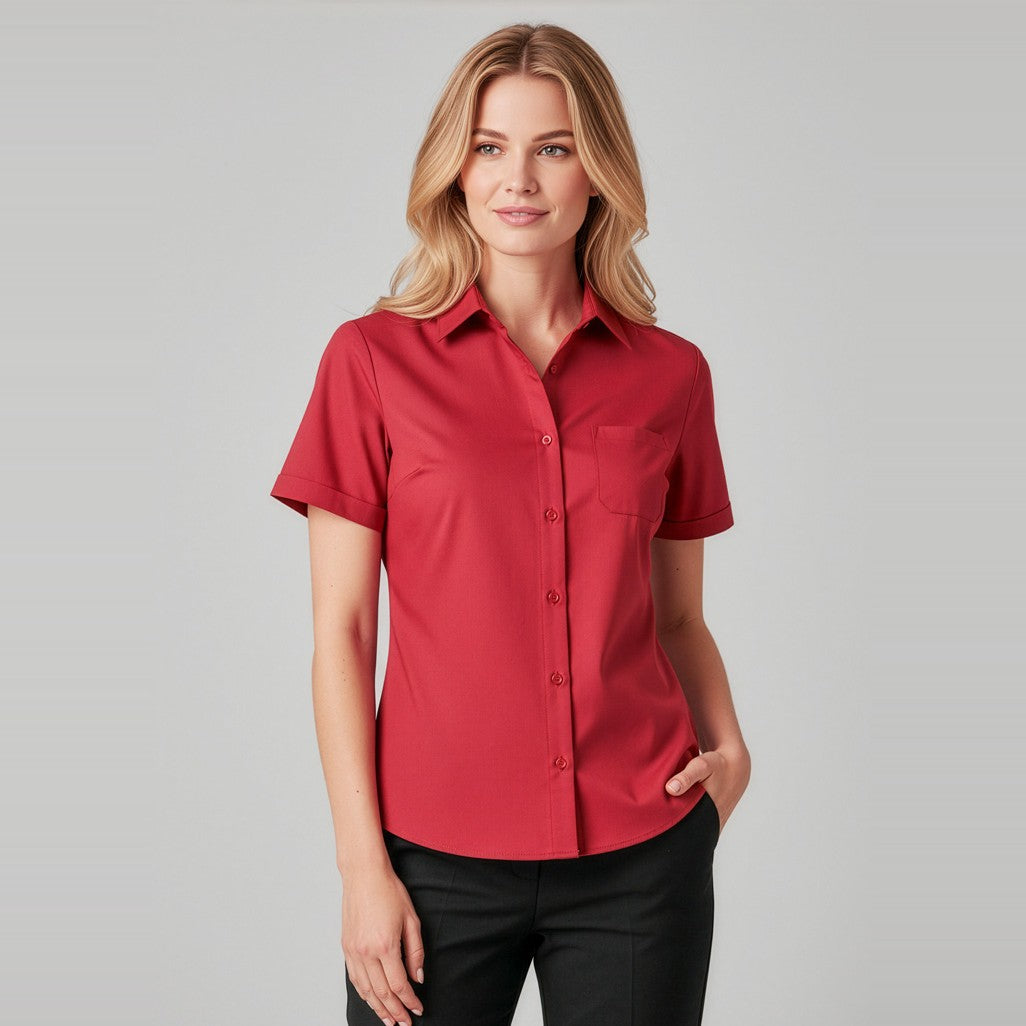 Biz Florence Womens Plain Short Sleeve Shirt CS947LS in Cherry, worn by model