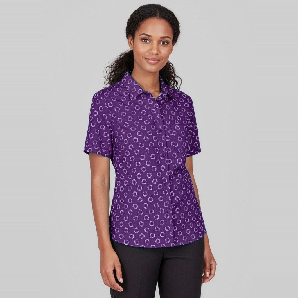 Biz Florence Womens Daisy Print Short Sleeve Shirt CS948LS in Purple, worn by model