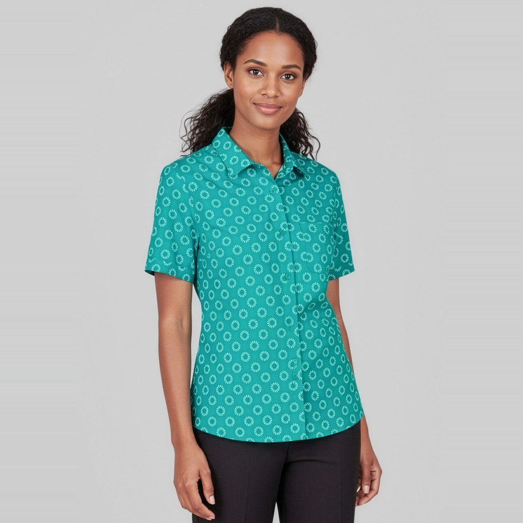 Biz Florence Womens Daisy Print Short Sleeve Shirt CS948LS in Teal, worn by model
